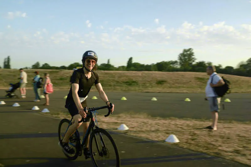 Riding a gravel bike on the cycle leg at Dorney Lake